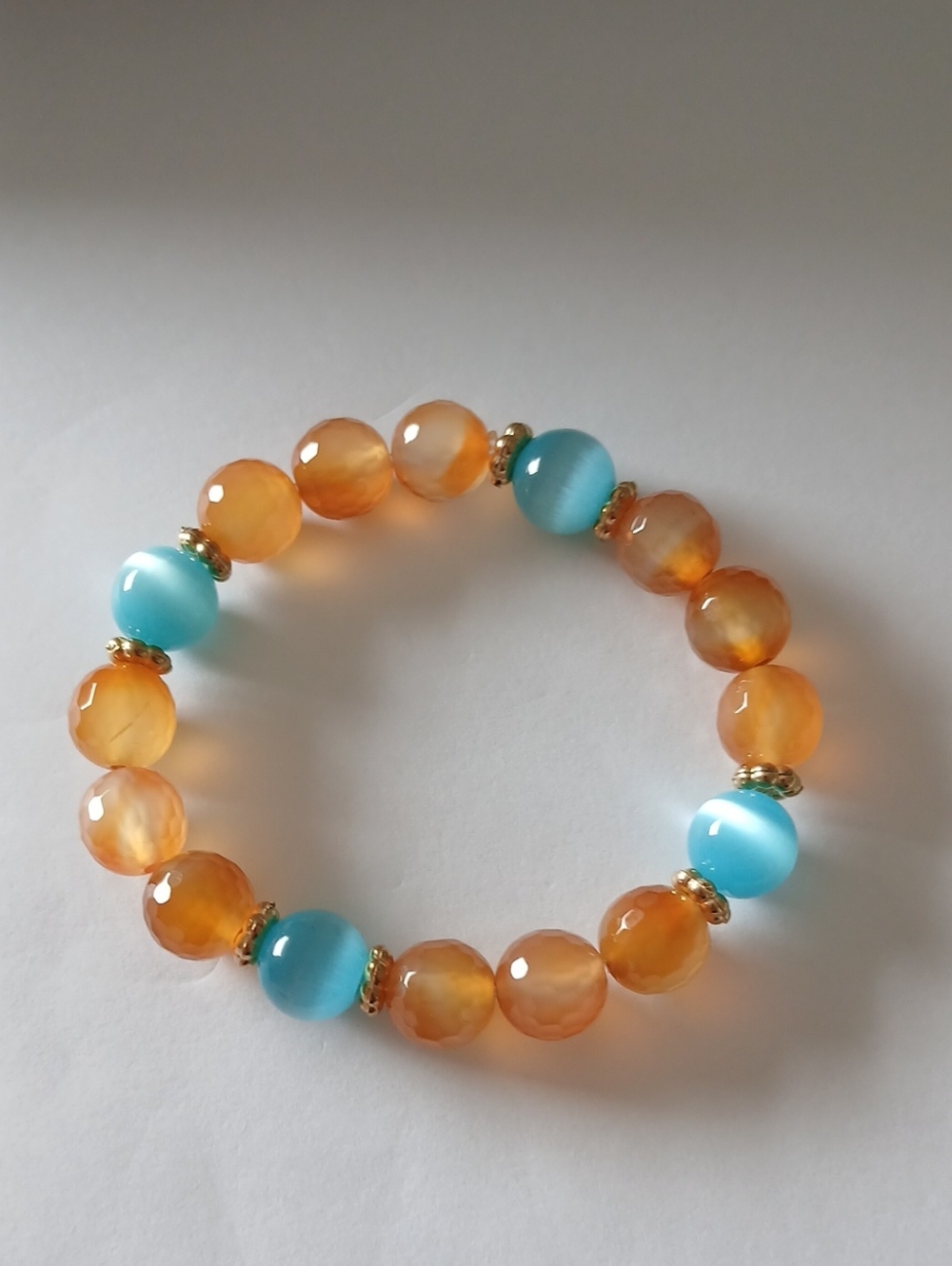 Orange Agate and Turquoise Cats Eye Glass Beaded Bracelet